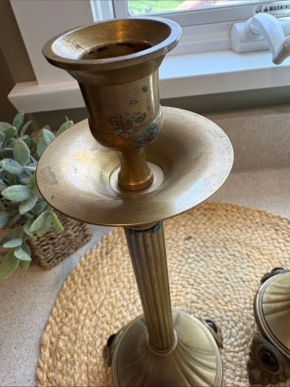 Pair of Vintage Brass Candlesticks Leaf Footed w/ Ruby Colored Gemstone